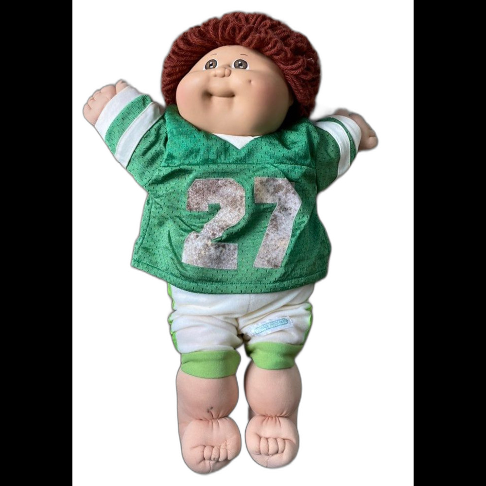 VTG Cabbage Patch Kids doll1980s Football Jersey Green 27 Brown Hair Eyes Sig